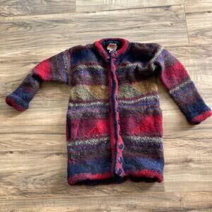 Paititi Woolen Alpaca Wool Cardigan Kids M Red Blue Alaska Handmade Bolivia FLAW